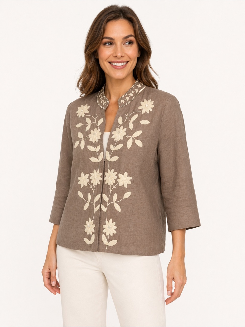 Chico's 100% linen Taupe Linen Floral-Embroidered Jacket 8